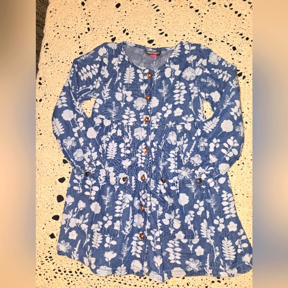 Vince Camuto, Denim Long Sleeve Toddler Girls Dress, Floral Pattern, 3T